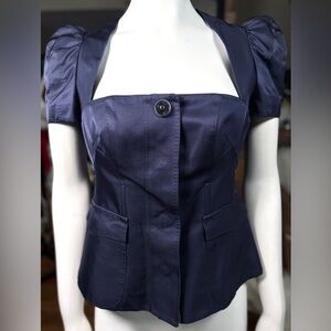 6267 Navy Blue Cotton/Silk Square Neck Puff Sleeve Top w/ Velvet Button Sz 4/40